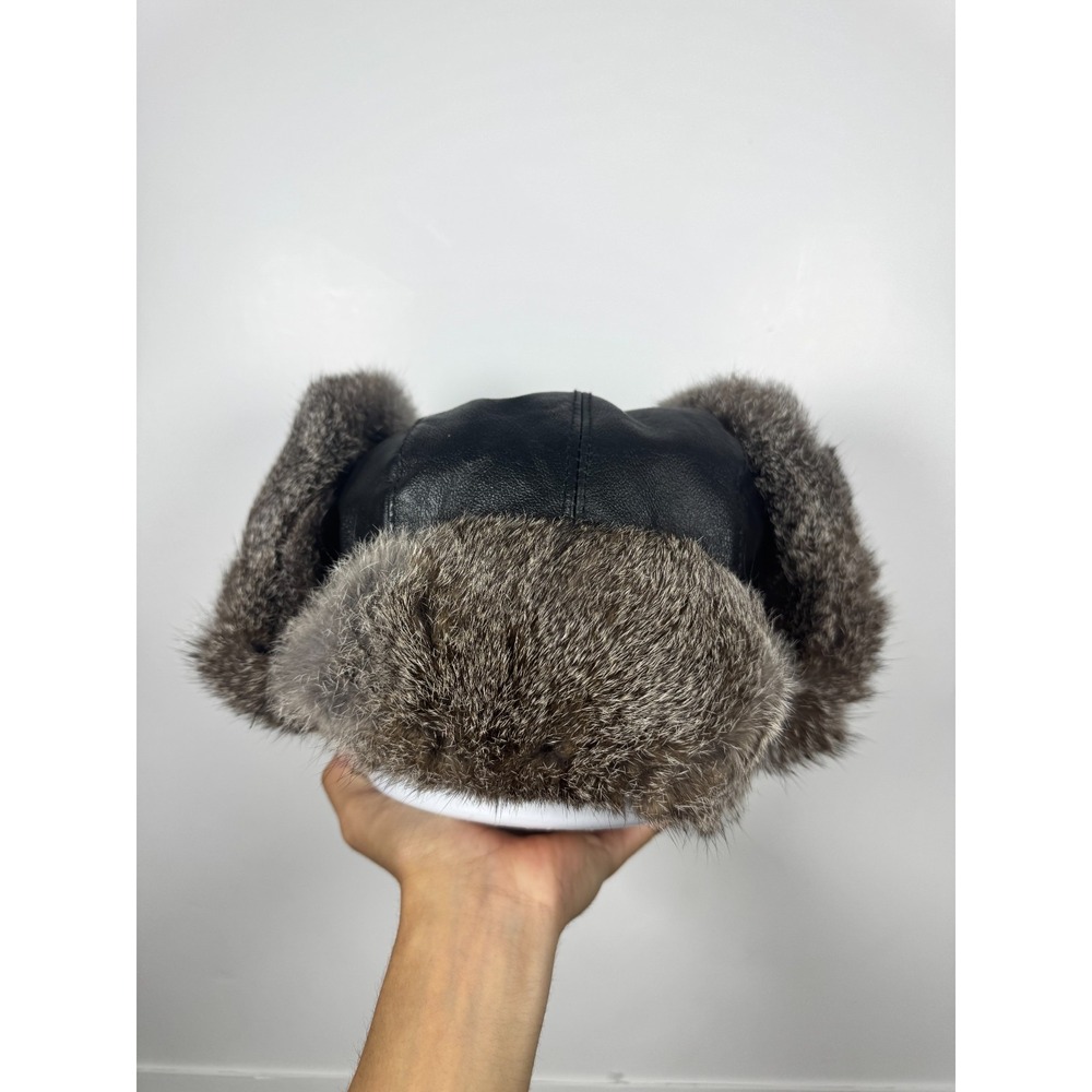 Unisex Black Leather‎ Faux Fur Lined Nordic Heater Aviator Winter Trapper Hat